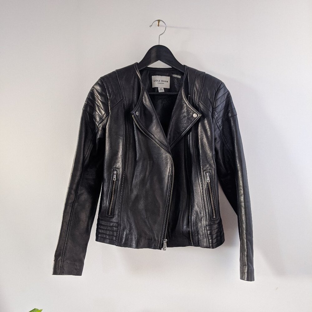 Cole Haan Leather Asymmetrical Zip Jacket